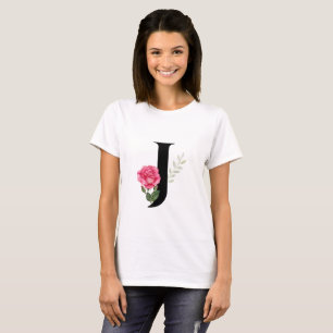 Monogram Initial Brev J i Black med Rosa ros T Shirt