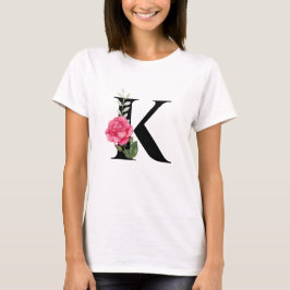 Monogram Initial Brev K i Svarta med Rosa ros T Shirt