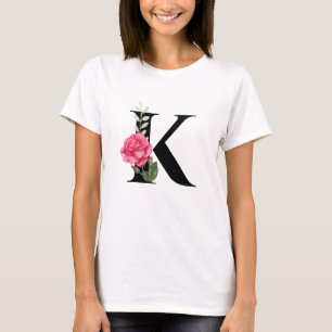 Monogram Initial Brev K i Svarta med Rosa ros T Shirt