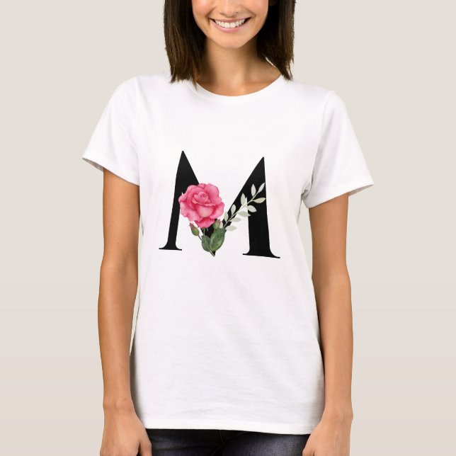 Monogram Initial Brev M i svart med Rosa ros T Shirt (Framsida)