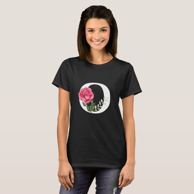 Monogram Initial Brev O i vit med Rosa ros T Shirt (Hel framsida)