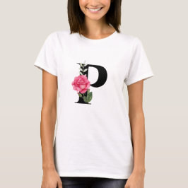 Monogram Initial Brev P i Svarta med Rosa ros T Shirt