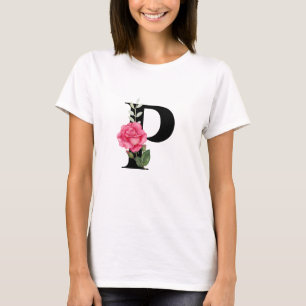 Monogram Initial Brev P i Svarta med Rosa ros T Shirt