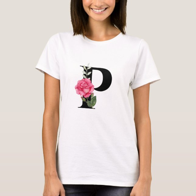 Monogram Initial Brev P i Svarta med Rosa ros T Shirt (Framsida)