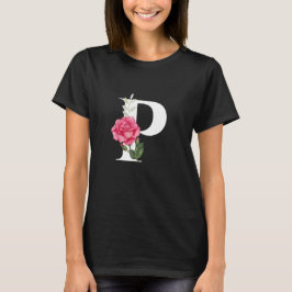 Monogram Initial Brev P i vit med Rosa ros T Shirt