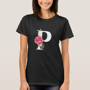 Monogram Initial Brev P i vit med Rosa ros T Shirt