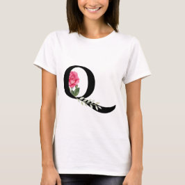 Monogram Initial Brev Q i Svarta med Rosa ros T Shirt
