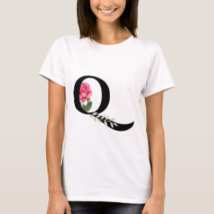 Monogram Initial Brev Q i Svarta med Rosa ros T Shirt