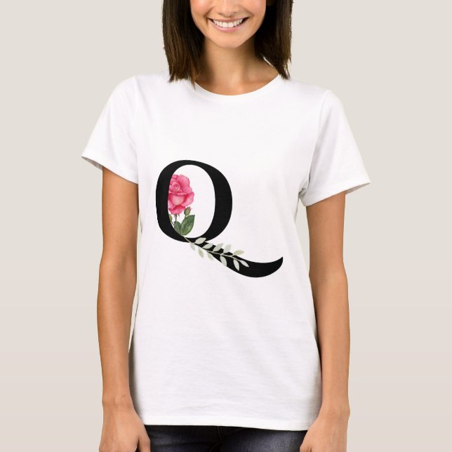 Monogram Initial Brev Q i Svarta med Rosa ros T Shirt (Framsida)
