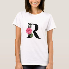 Monogram Initial Brev R i Svarta med Rosa ros T Shirt