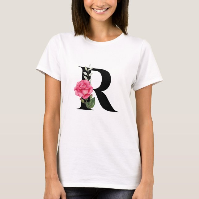 Monogram Initial Brev R i Svarta med Rosa ros T Shirt (Framsida)