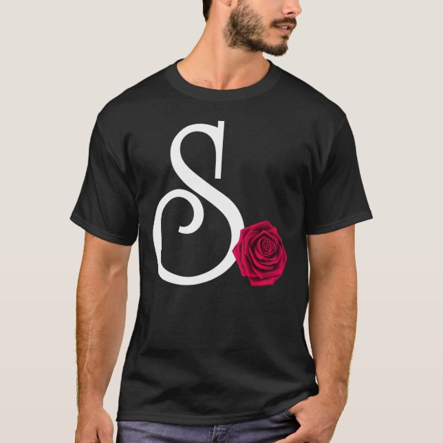 Monogram Initial Brev S med Röd ros på svart B T Shirt (Framsida)