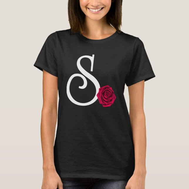 Monogram Initial Brev S med Röd ros på svart B T Shirt (Framsida)