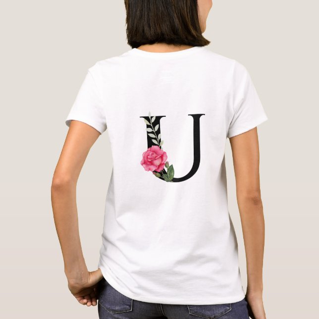 Monogram Initial Brev U i Svarta med Rosa ros T Shirt (Baksida)
