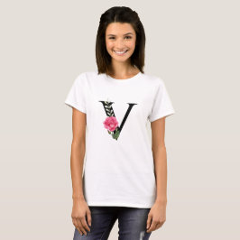 Monogram Initial Brev V i Svarta med Rosa ros T Shirt