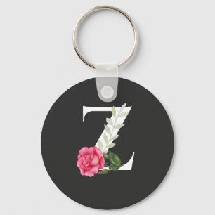 Monogram Initial Brev Z i vit med Rosa ros Nyckelring