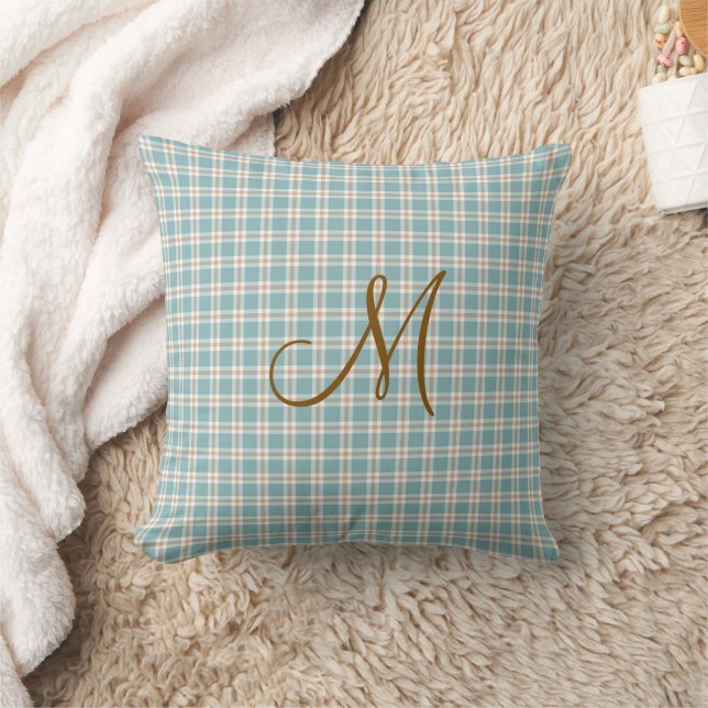 Monogram initial brun ljusblå och tan check kudde (Filt)