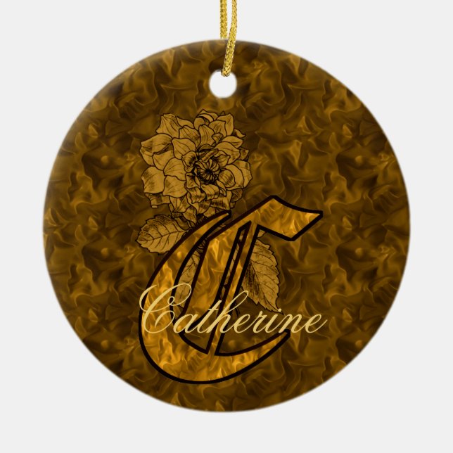 Monogram initial C Elegant Guld Peony Personlig Julgransprydnad Keramik (Framsidan)