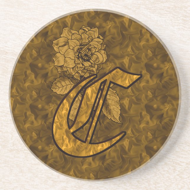 Monogram initial C Elegant guldpeonyblomma Underlägg Sandsten (Framsidan)