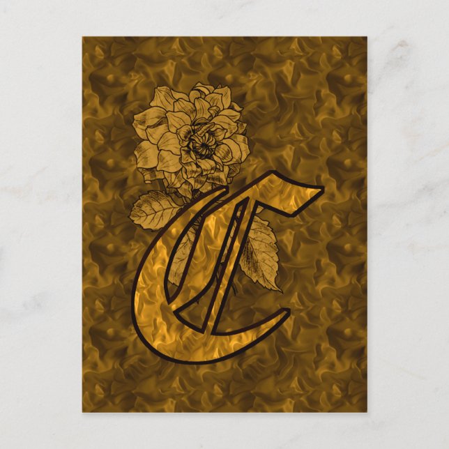 Monogram initial C Elegant guldpeonyblomma Vykort (Framsida)