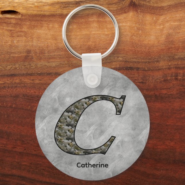 Monogram initial C Hortensia Blommor Personlig Nyckelring (Framsida)