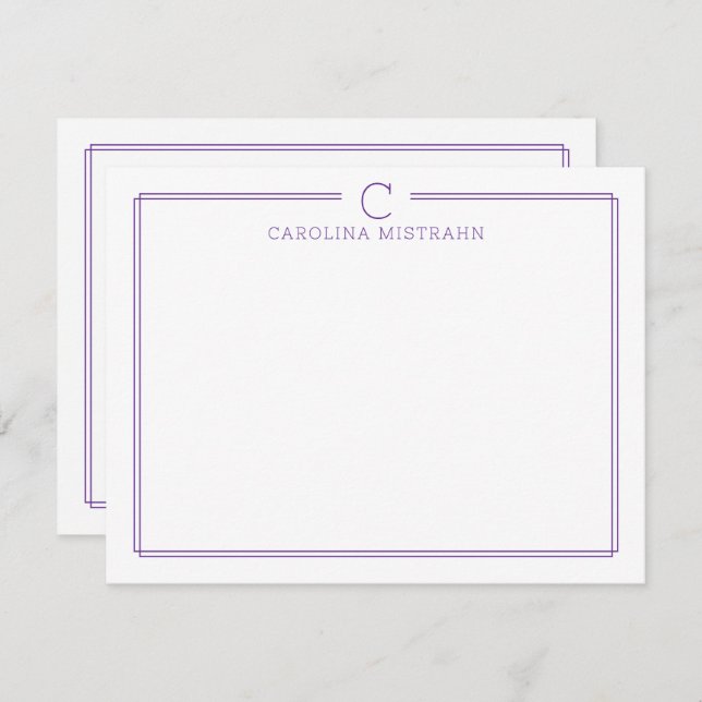 Monogram Initial Casual Purple Border Stationery Anteckningskort (Fram/baksida)