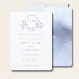 Monogram Initial Crest Dusty Blue Floral Wedding Inbjudningar
