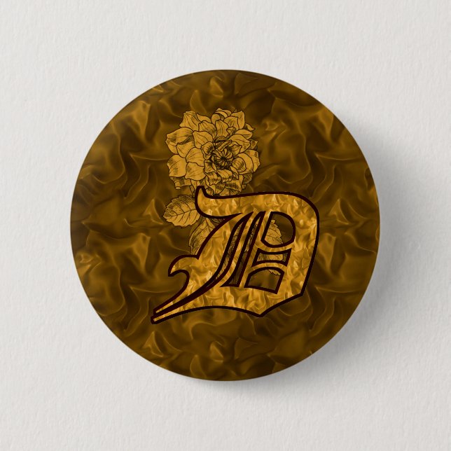 Monogram Initial D Elegant Guld Peony Blomma Knapp (Framsida)