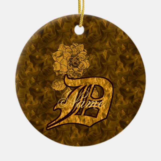 Monogram Initial D Elegant Guld Peony Personlig Julgransprydnad Keramik (Framsidan)