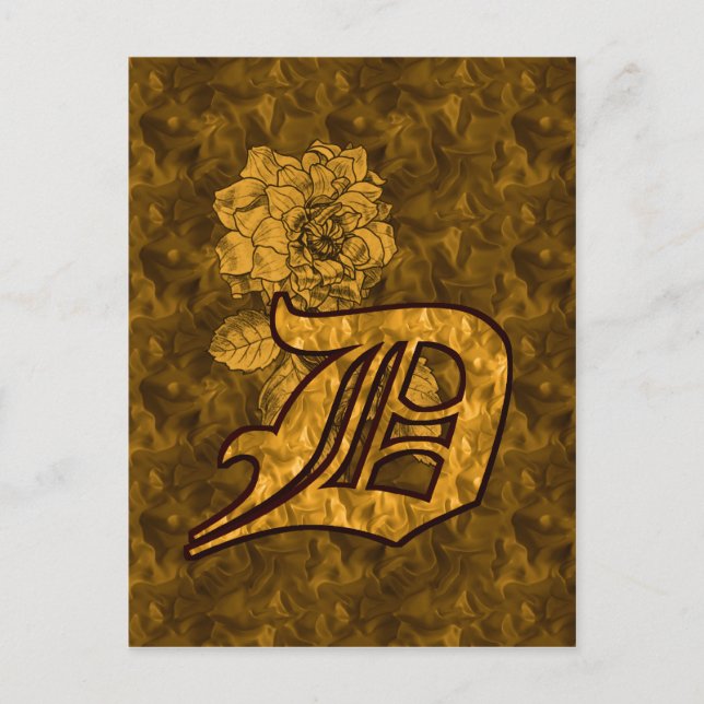 Monogram initial D Elegant guldpeonyblomma Vykort (Framsida)