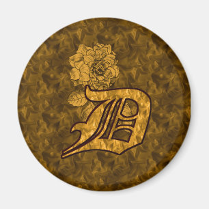 Monogram initial D Guld Peony Blomma Magnet