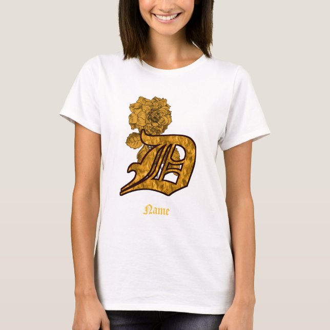 Monogram Initial D Guld Peony Blomma Personlig T Shirt (Framsida)