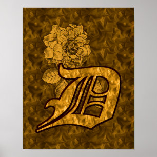 Monogram Initial D Guld Peony Blomma Poster