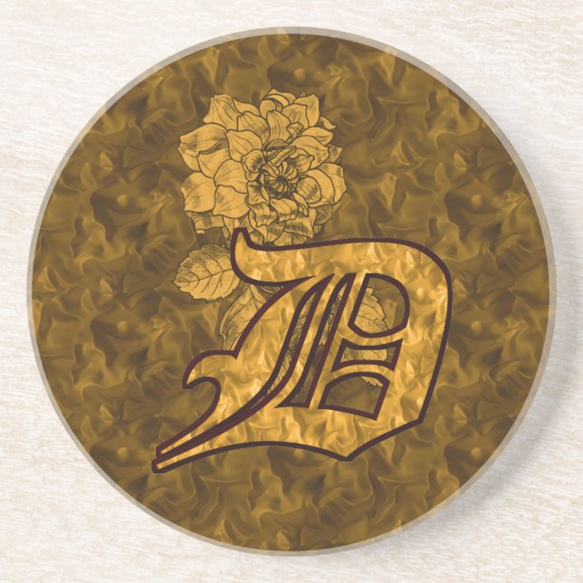 Monogram initial D Guld Peony Blomma Underlägg Sandsten (Framsidan)
