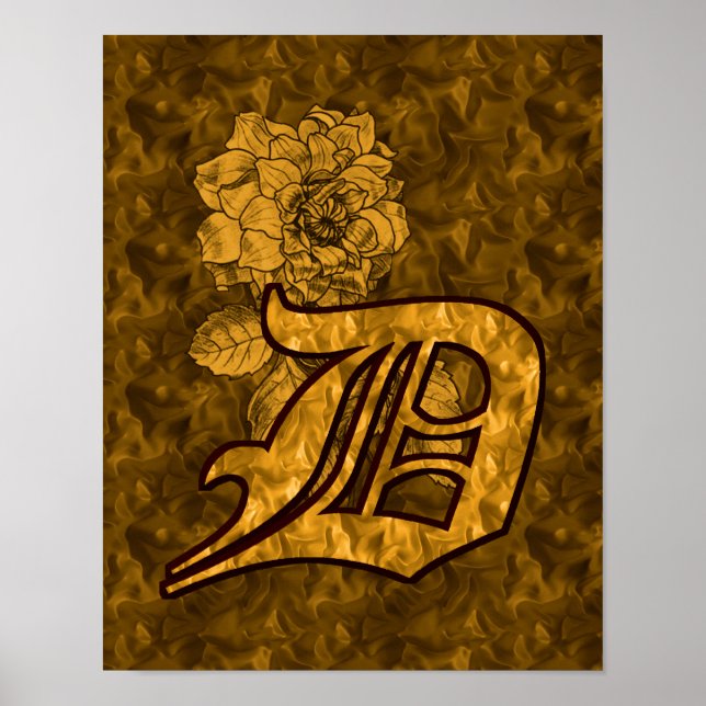 Monogram Initial D Guld Peony-Blommigten Poster (Framsidan)
