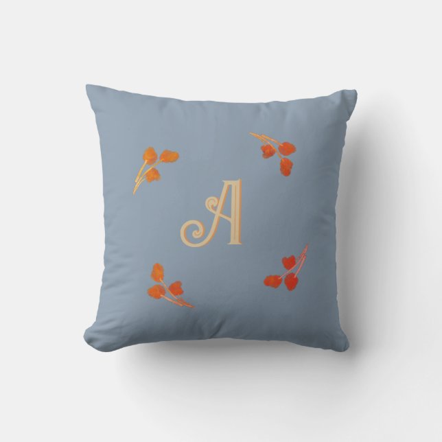 Monogram Initial Damblå Retro Röd Orange Bär Kudde (Framsida)