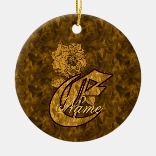 Monogram initial E Elegant guldpeony Personlig Julgransprydnad Keramik (Framsidan)