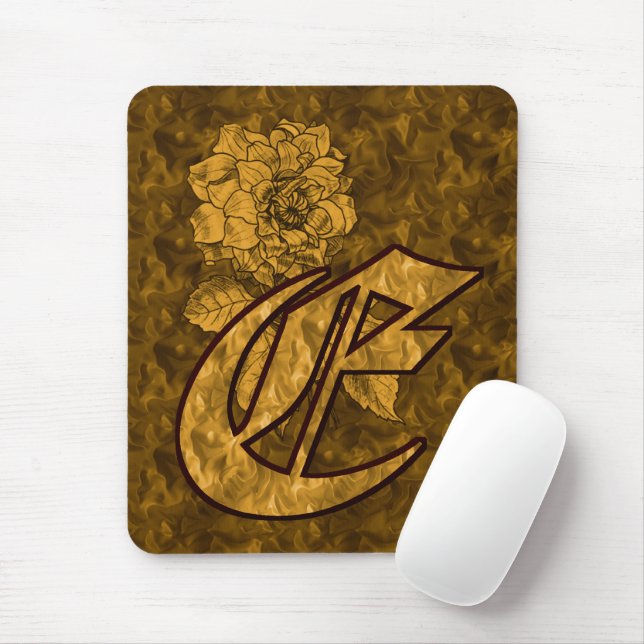 Monogram initial E guld pion blomma Musmatta (Med mus)