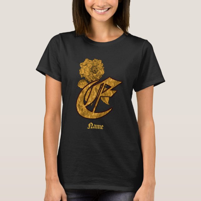 Monogram initial E guld pion blomma personlig T Shirt (Framsida)