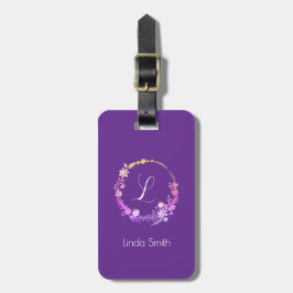 Monogram Initial Elegant Anpassat Namn Lila Blommo Bagagebricka