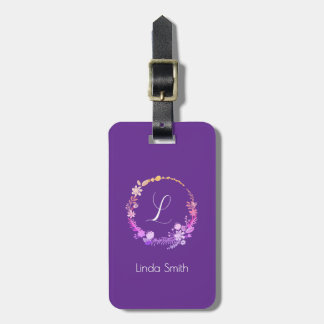 Monogram Initial Elegant Anpassat Namn Lila Blommo Bagagebricka