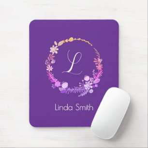 Monogram Initial Elegant Anpassat Namn Lila Blommo Musmatta