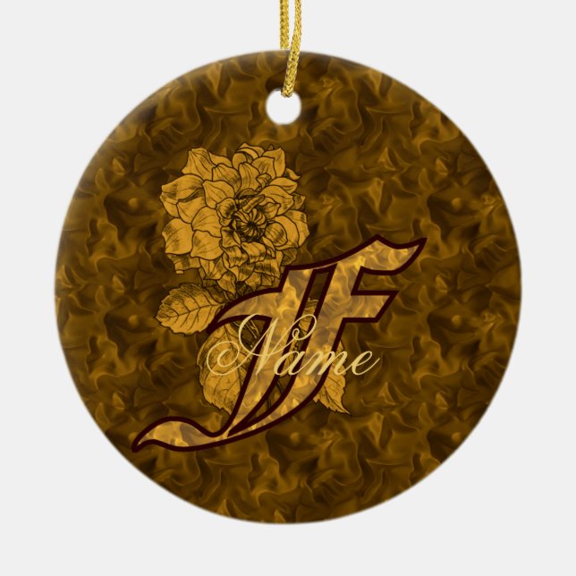 Monogram initial F Elegant guldpeony Personlig Julgransprydnad Keramik (Framsidan)