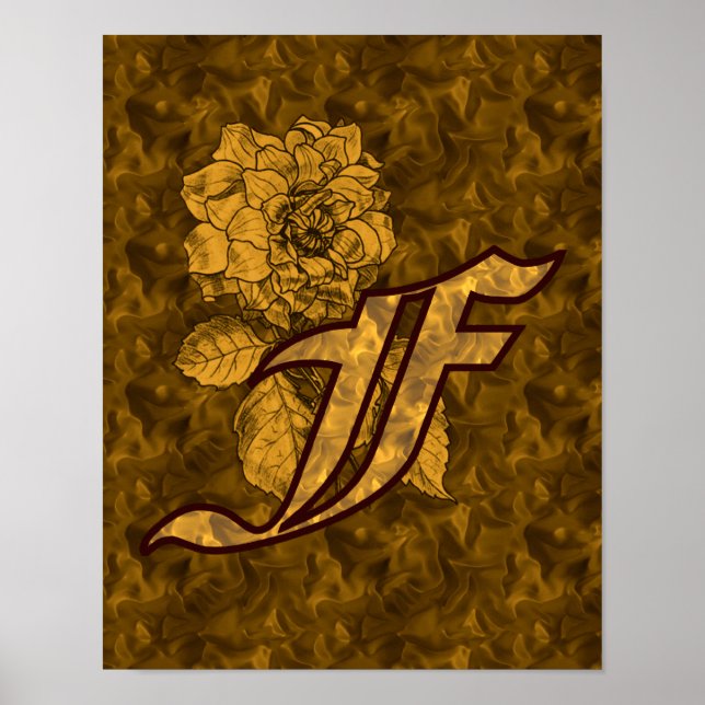 Monogram Initial F Guld Peony Blommigt Poster (Framsidan)