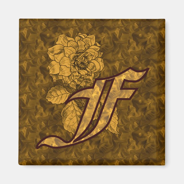 Monogram initial F guld pion blomma elegant Magnet (Framsidan)