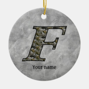 Monogram initial F Hortensia Blommor Personlig Julgransprydnad Keramik