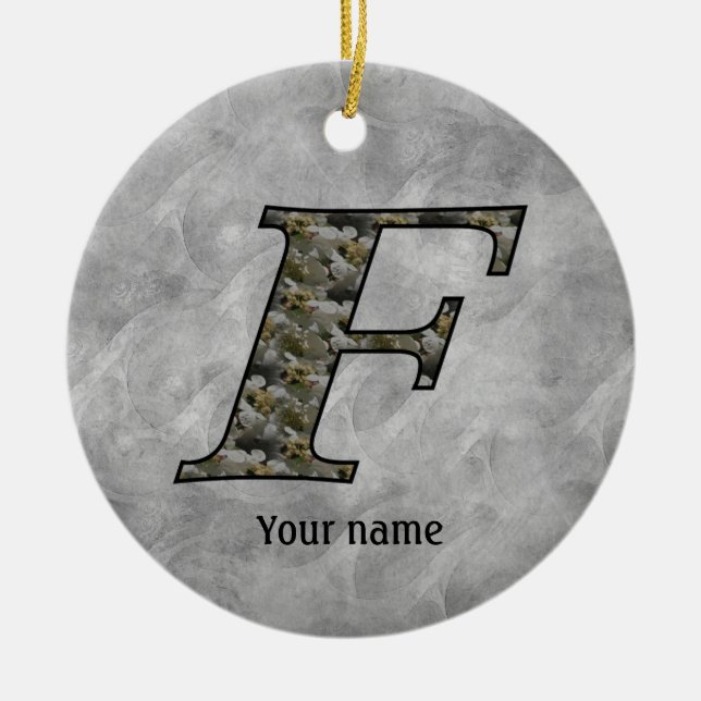 Monogram initial F Hortensia Blommor Personlig Julgransprydnad Keramik (Framsidan)