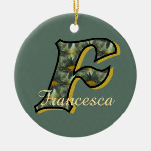 Monogram initial F Tusenskönor Blommig Personlig Julgransprydnad Keramik