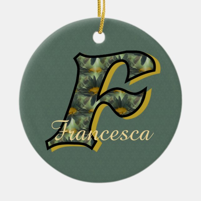 Monogram initial F Tusenskönor Blommig Personlig  Julgransprydnad Keramik (Framsidan)