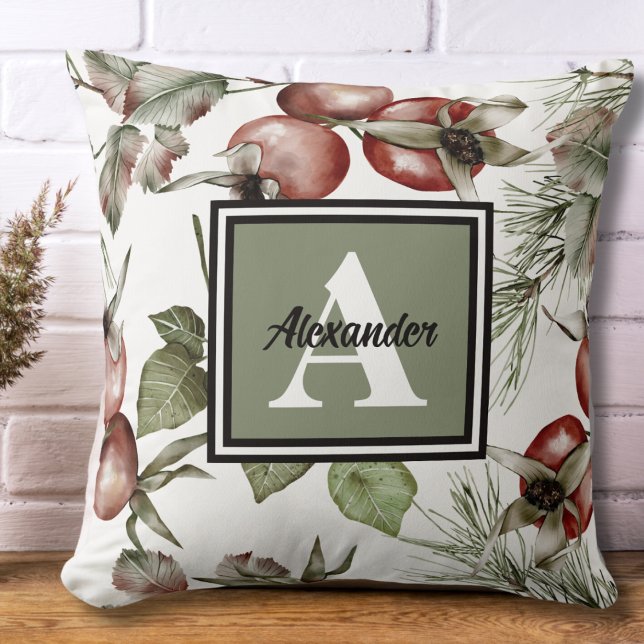 Monogram Initial & Family Namn Elegant Botanical Kudde (Monogram Name and Initial Autumn Watercolor Fall Decor Throw Pillow)